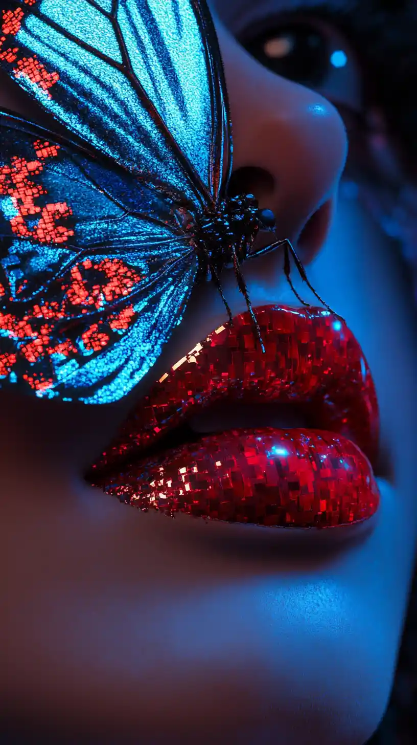 Surreal glossy lips with dissolving butterfly wings