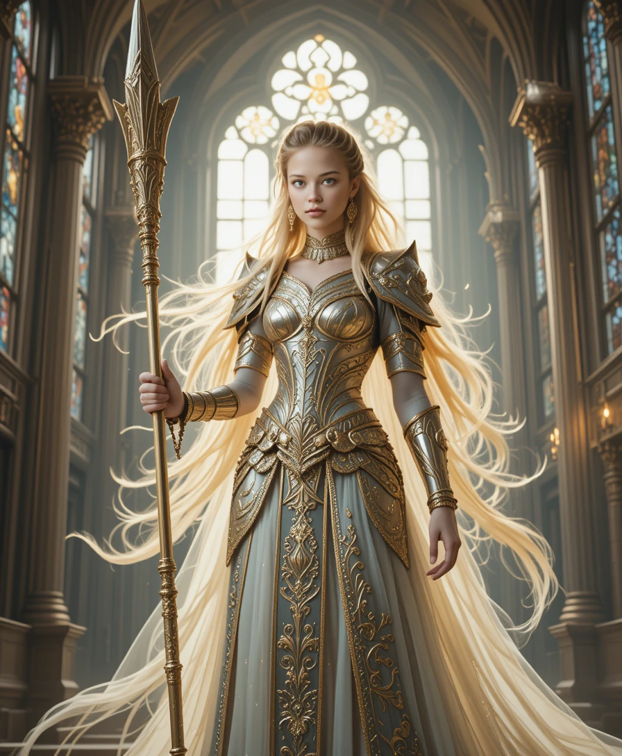 Majestic female warrior in golden armor inside cathedral