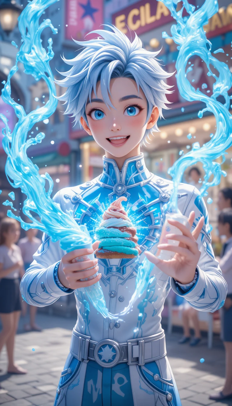 Chico de hielo de anime conjurando helado mágico en una calle de la ciudad