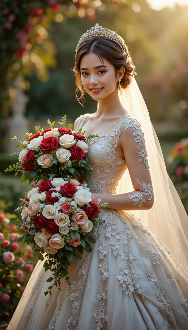Bride in floral wedding dress posing in golden hour garden