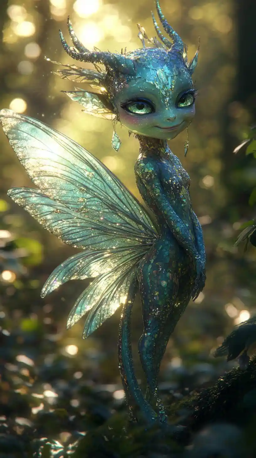 Playful fairy with dragonfly wings in sunlit forest