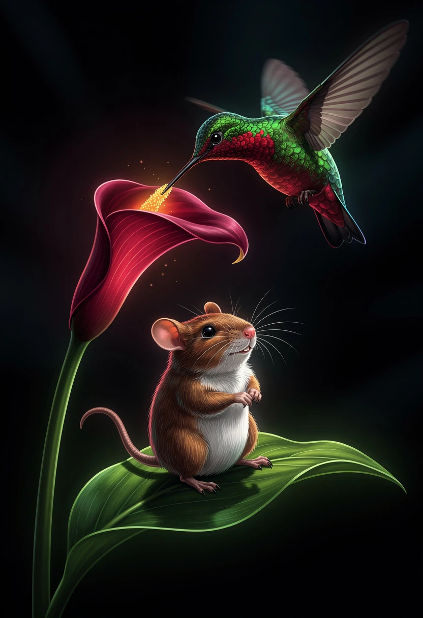 Neon mouse with glowing calla lily and hovering hummingbird