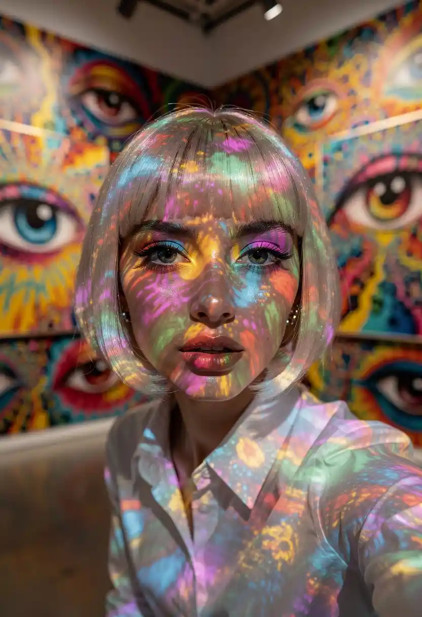 Femme en chemise blanche sous un show de lumières psychédéliques en galerie