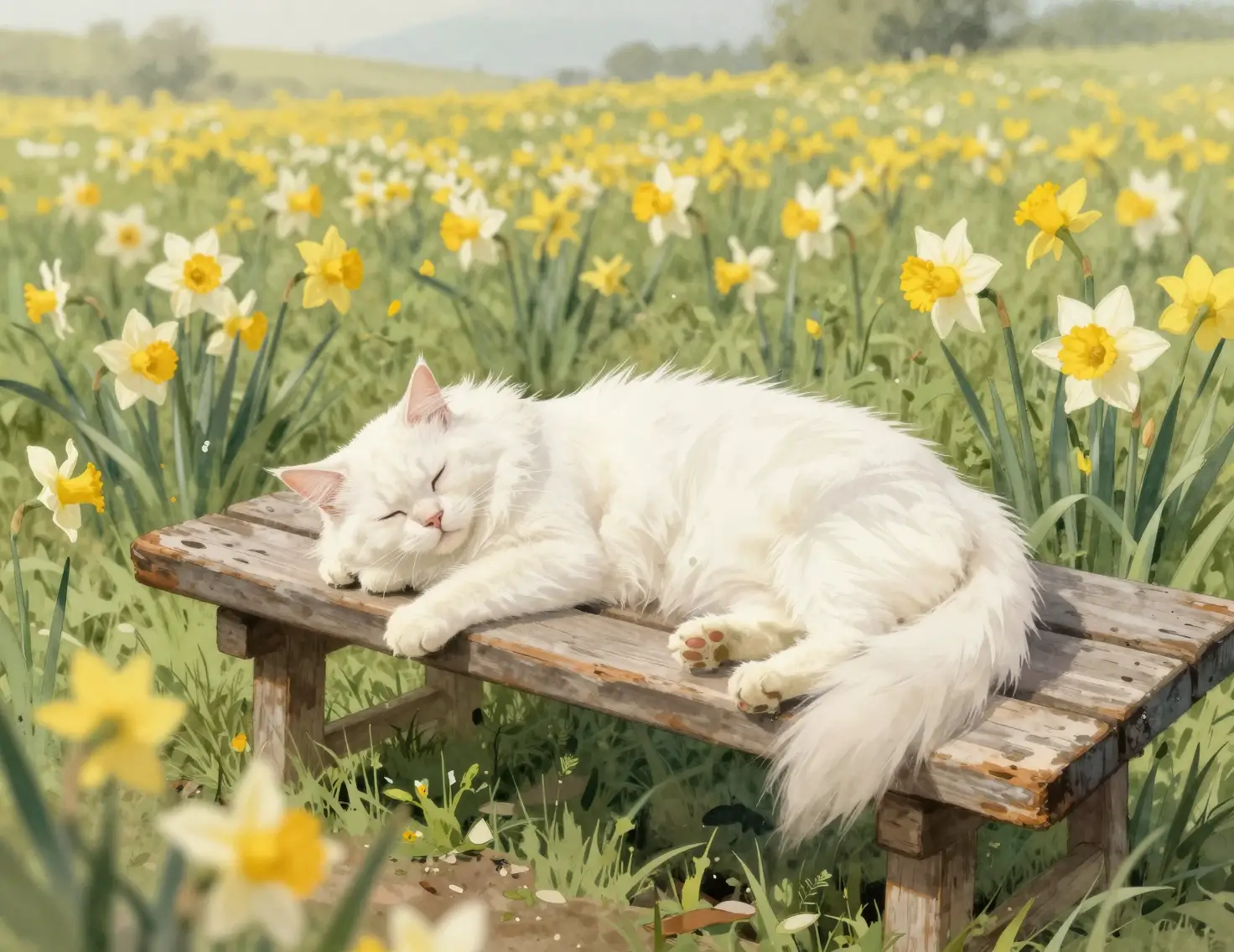 Gatto bianco che dorme su una panchina di legno in un prato di narcisi
