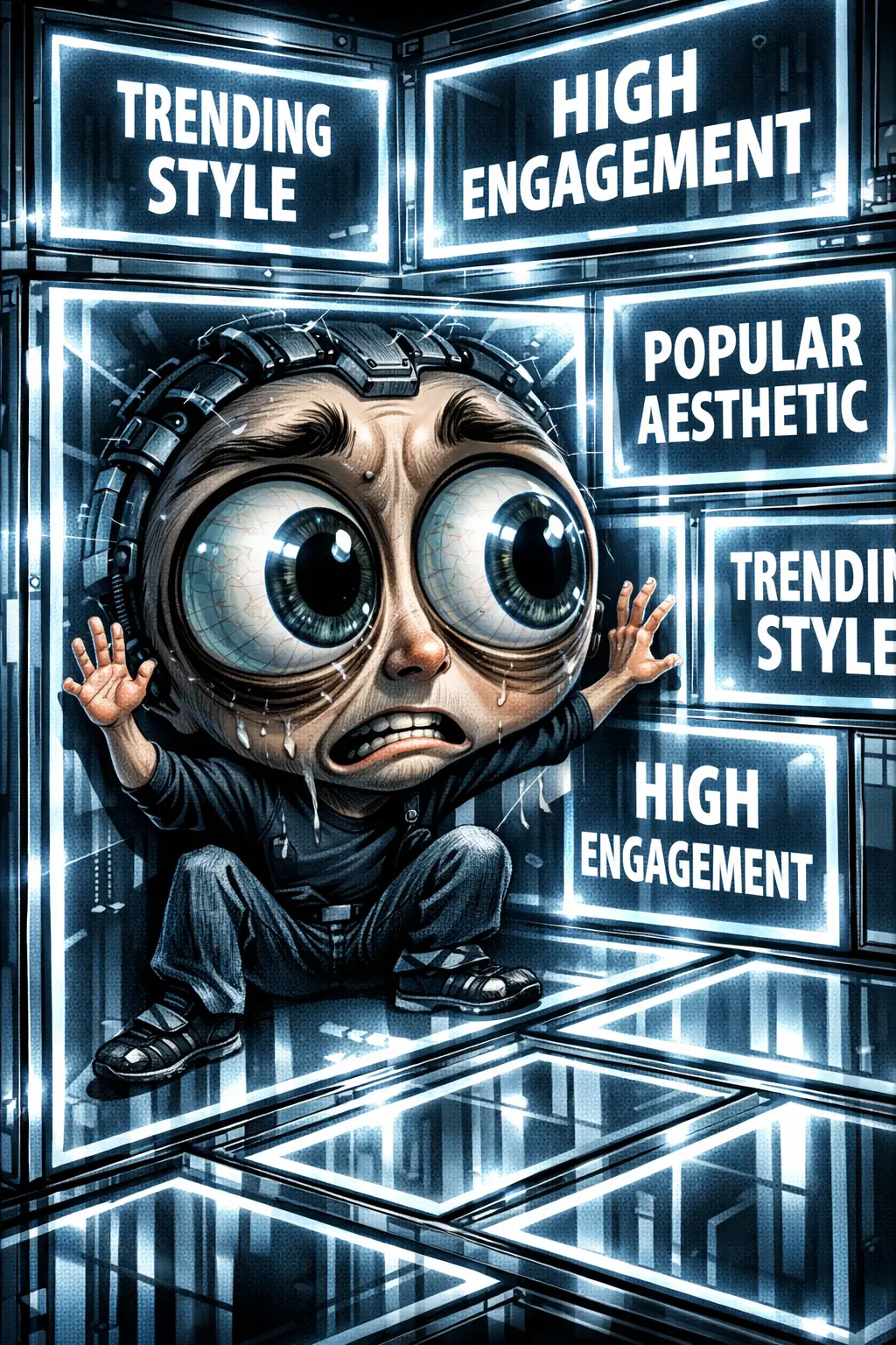 Caricatured AI artist trapped in glowing digital template grid
