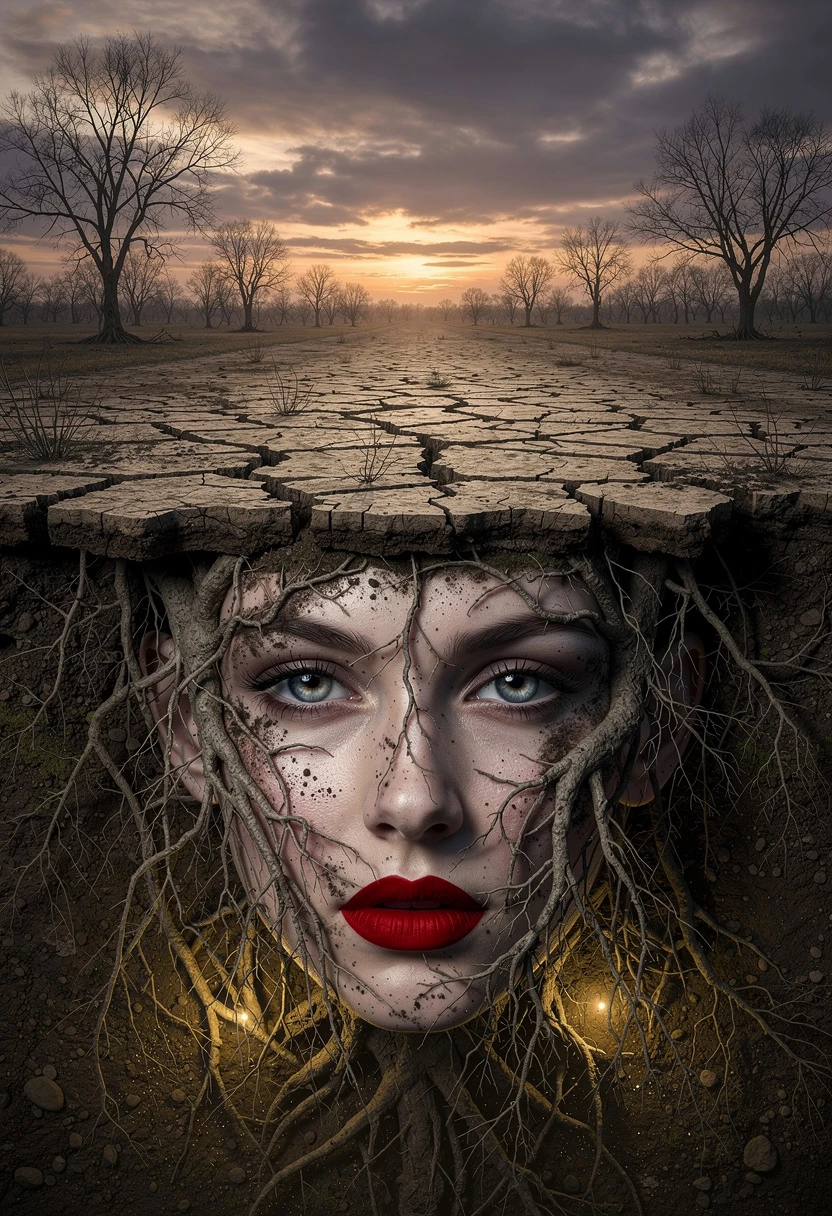 Surreal woman fused with roots beneath a barren sunset