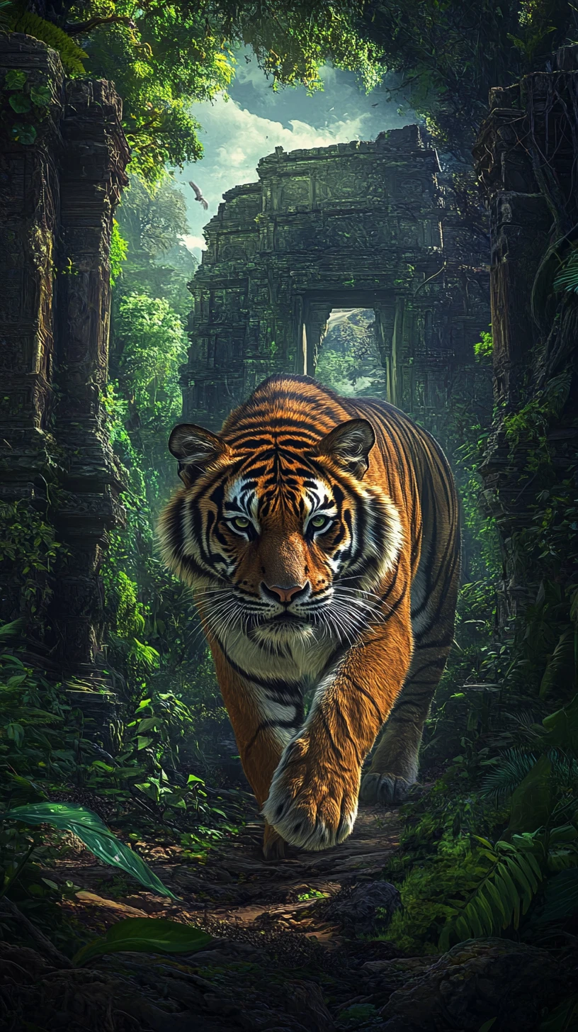 Ethereal tiger walking through a moonlit overgrown jungle