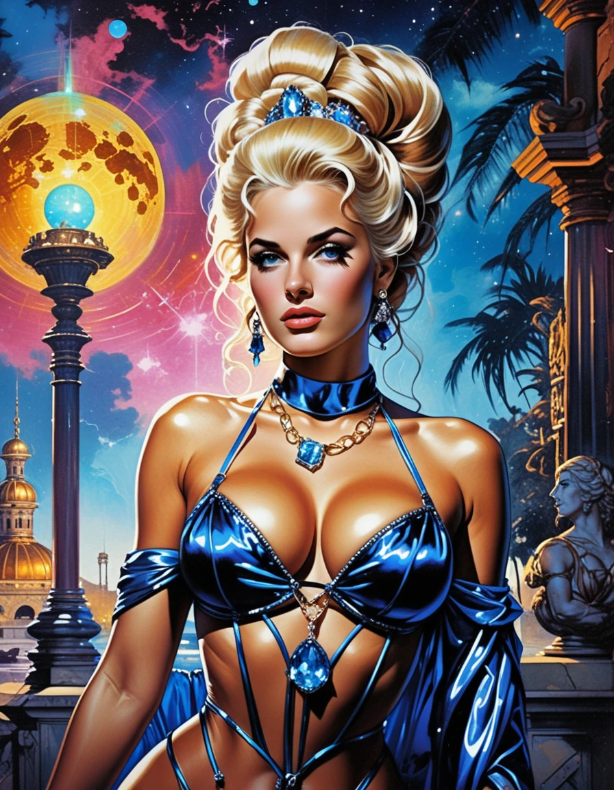 Neon palace courtesan in baroque haute couture pinup