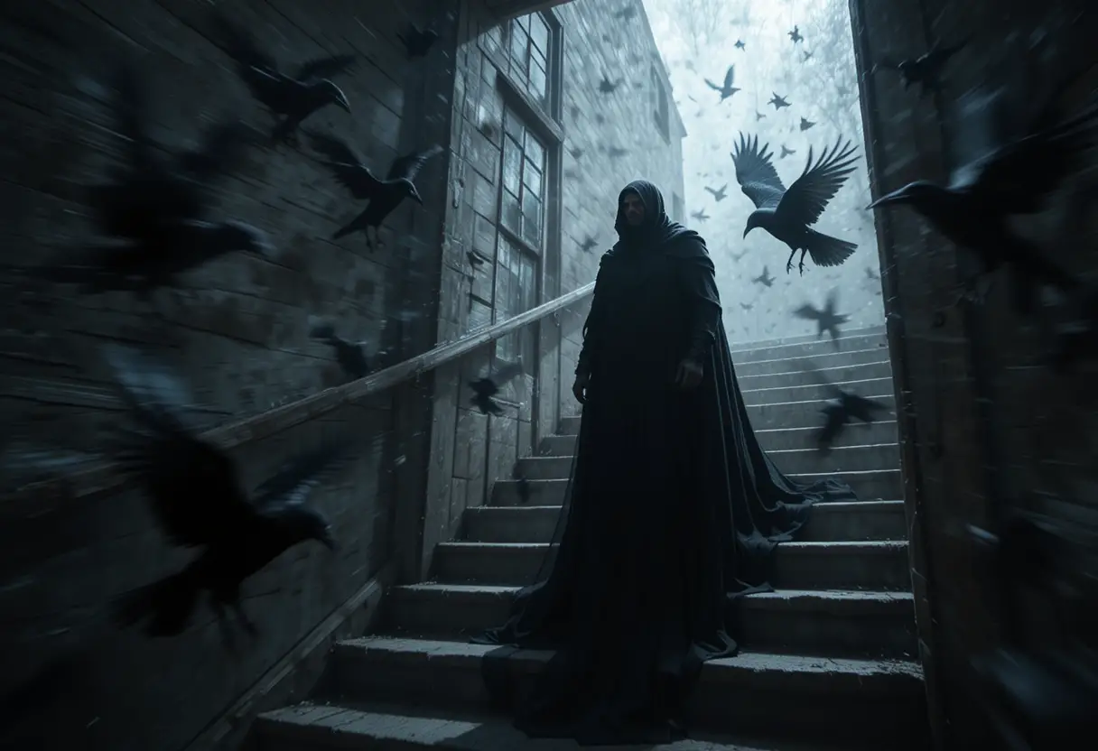 Dark figure standing in a doorway framed by deep shadows