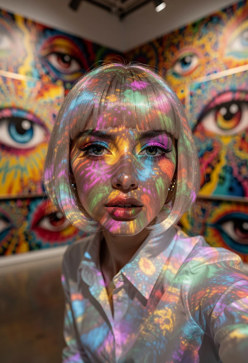 Femme en chemise blanche sous un show de lumières psychédéliques en galerie