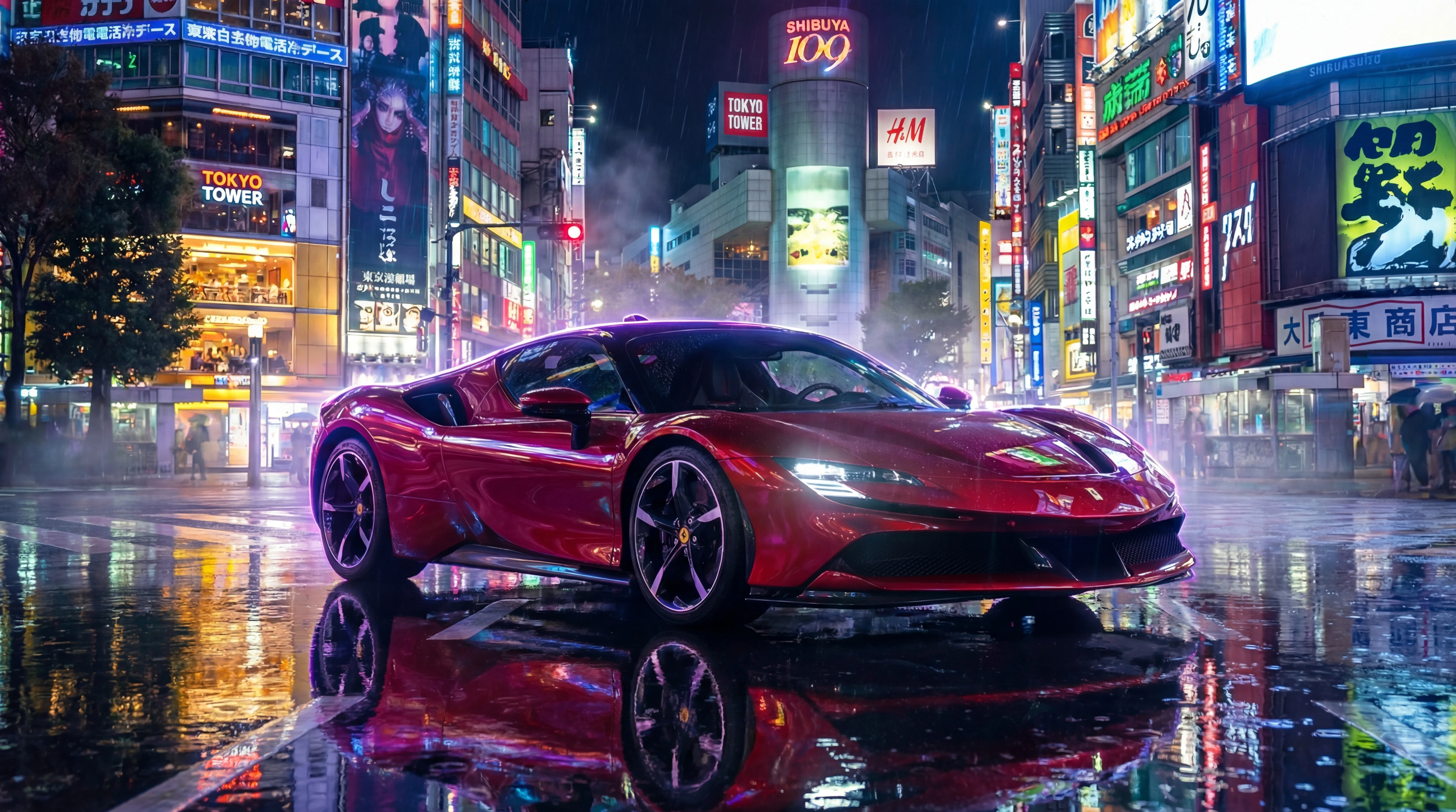 Coche deportivo rojo en una calle urbana iluminada con neón de noche