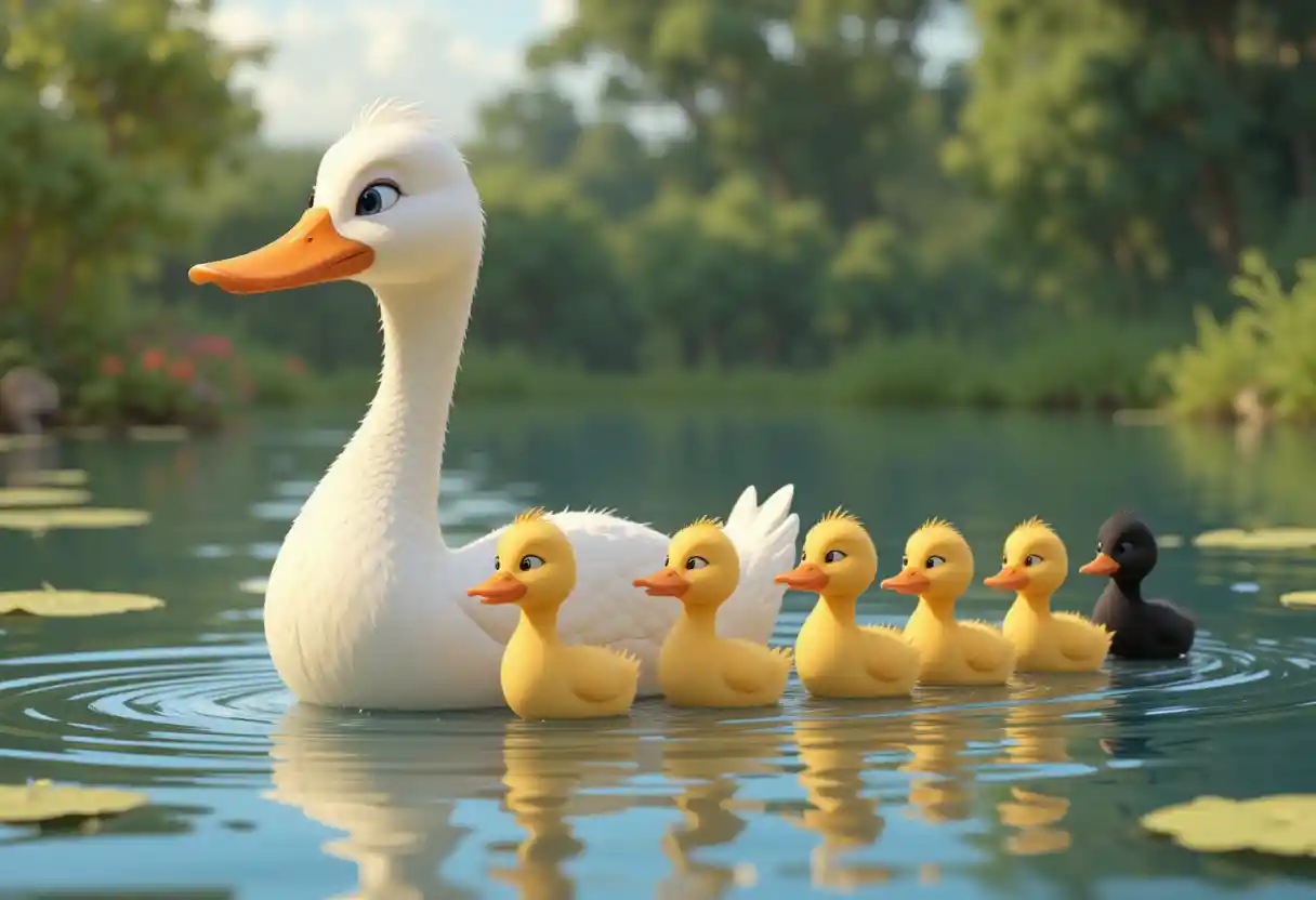 Pato blanco guiando a los patitos por una laguna en dibujo 3D