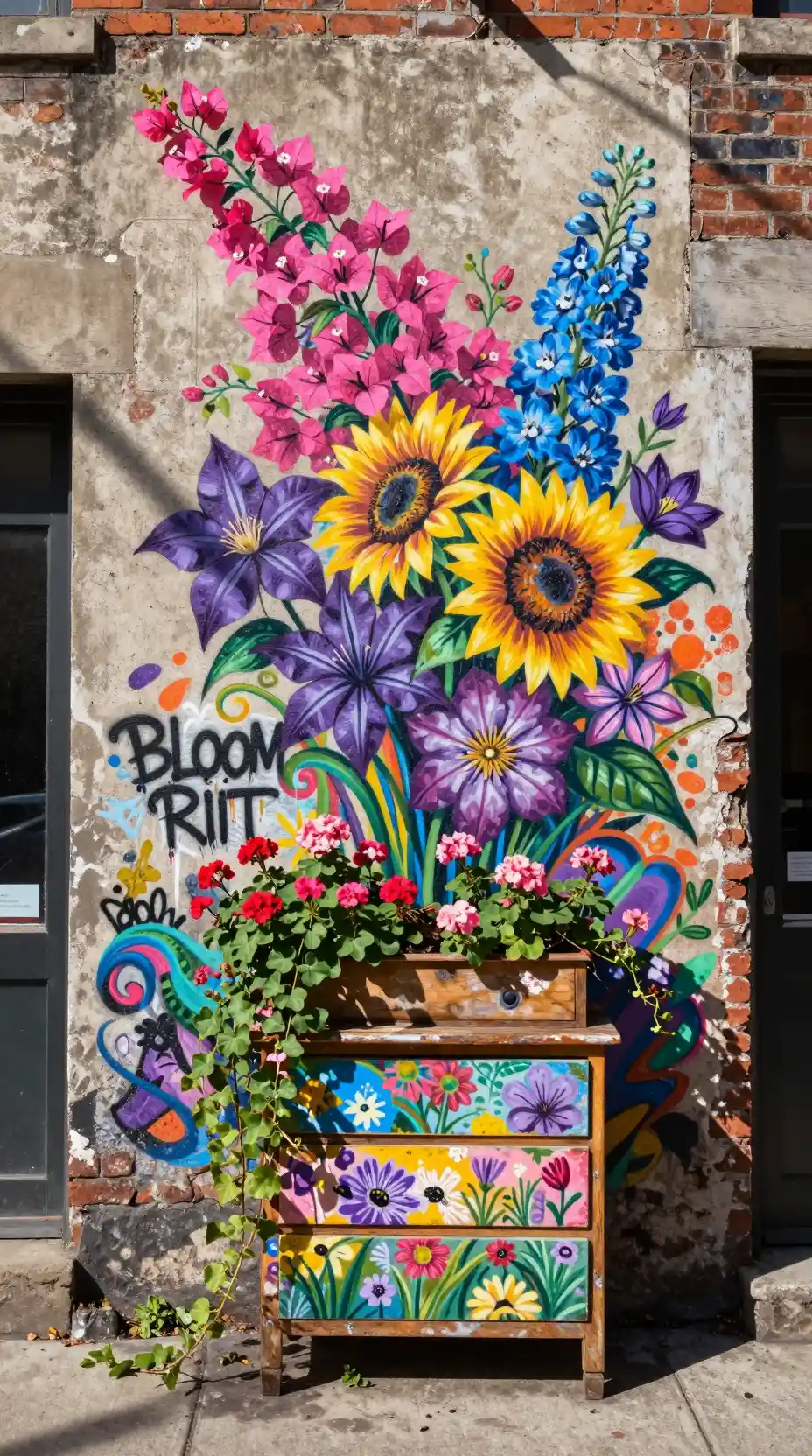 Colorful floral street art mural on old brick building
