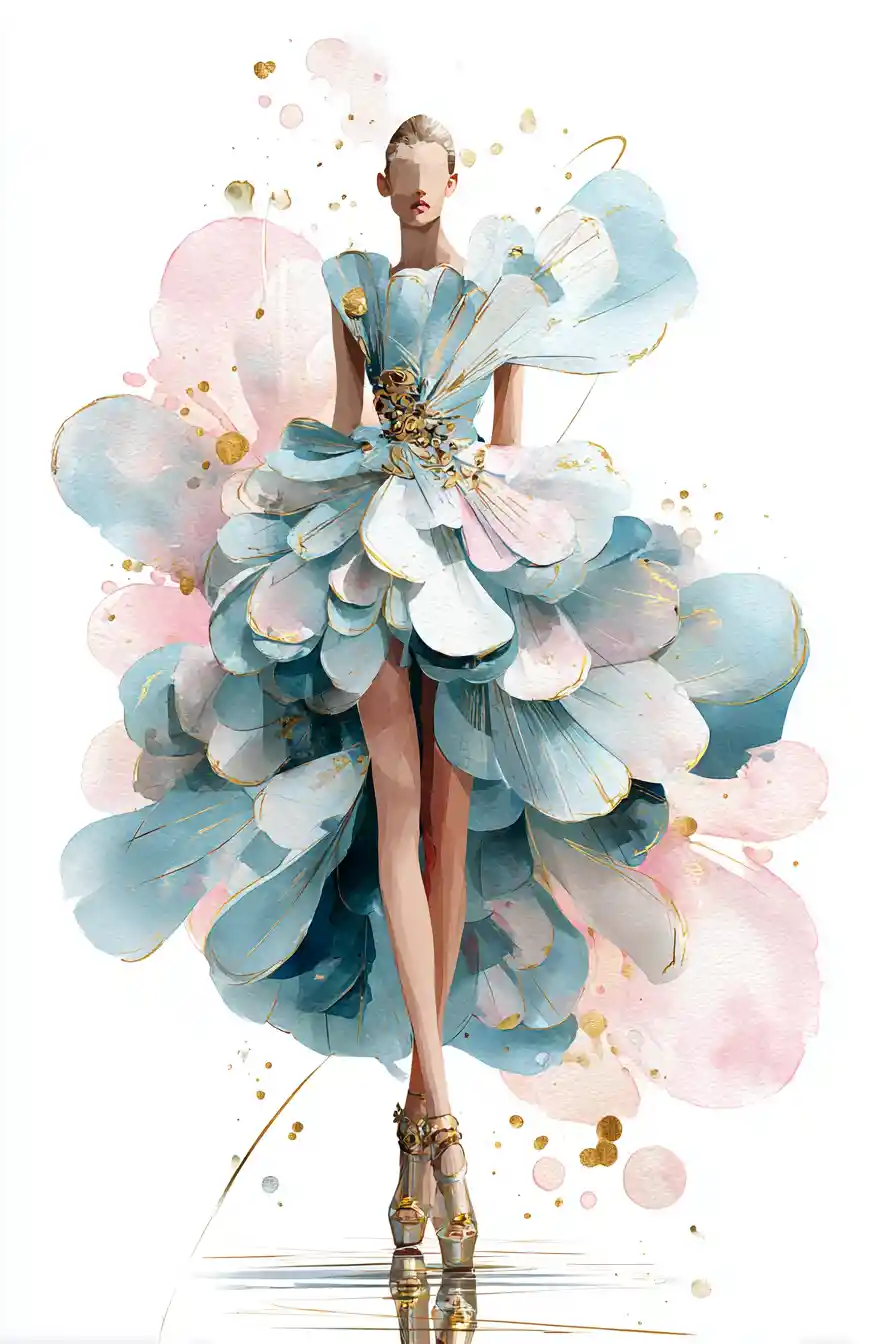 Elegante modella di moda con abito couture di petali in tonalità pastello