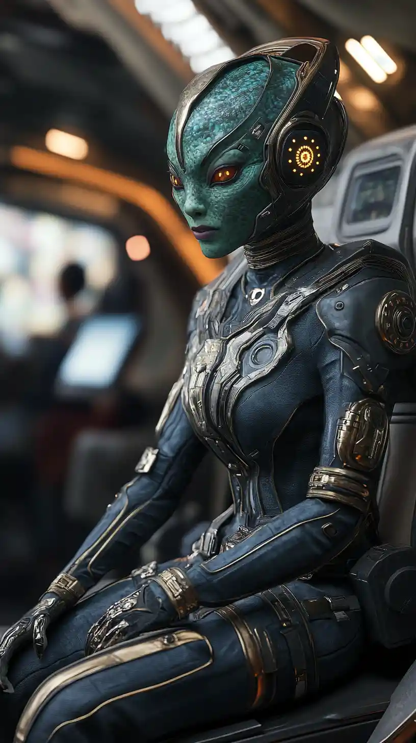Alien woman patrolling inside futuristic starship corridor
