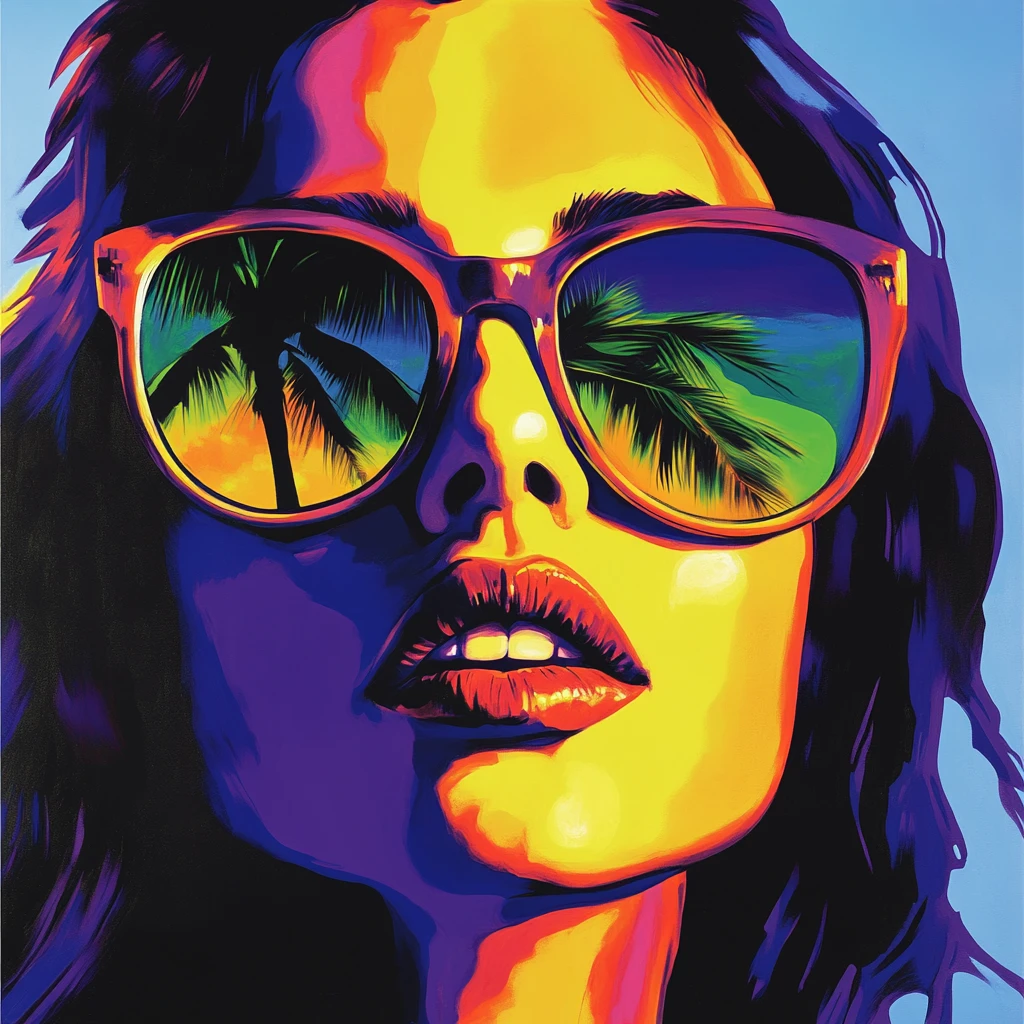 Retrato pop art de mulher de óculos de sol na praia de Malibu