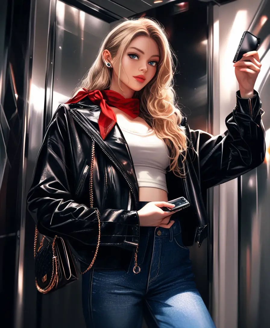 Stylish woman taking a mirror selfie inside an elevator