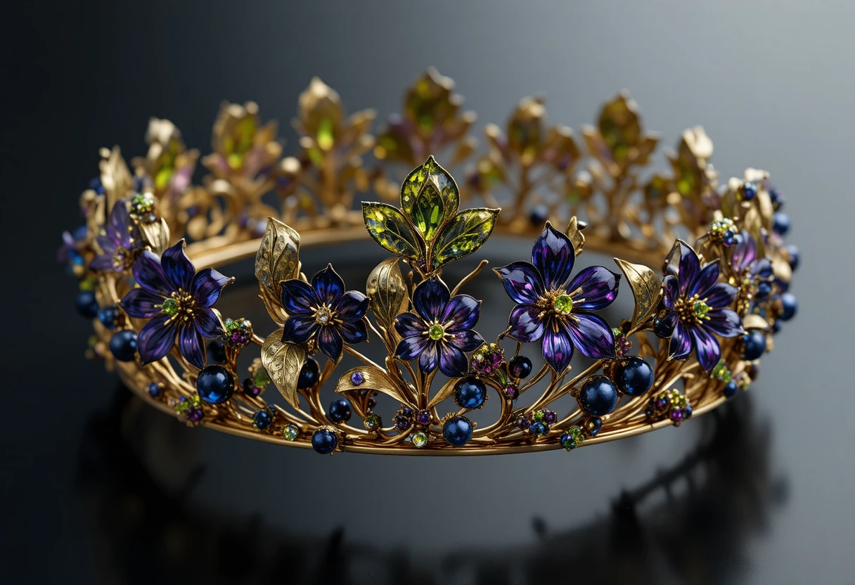 Tiara de filigrana em ouro com gemas de peridoto e safira