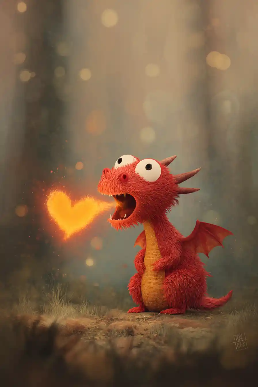 Cute Red Cartoon Dragon Breathing A Fiery Heart
