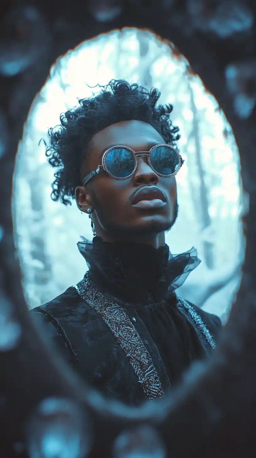 Afrofuturistic time traveler in Victorian cyberpunk portal