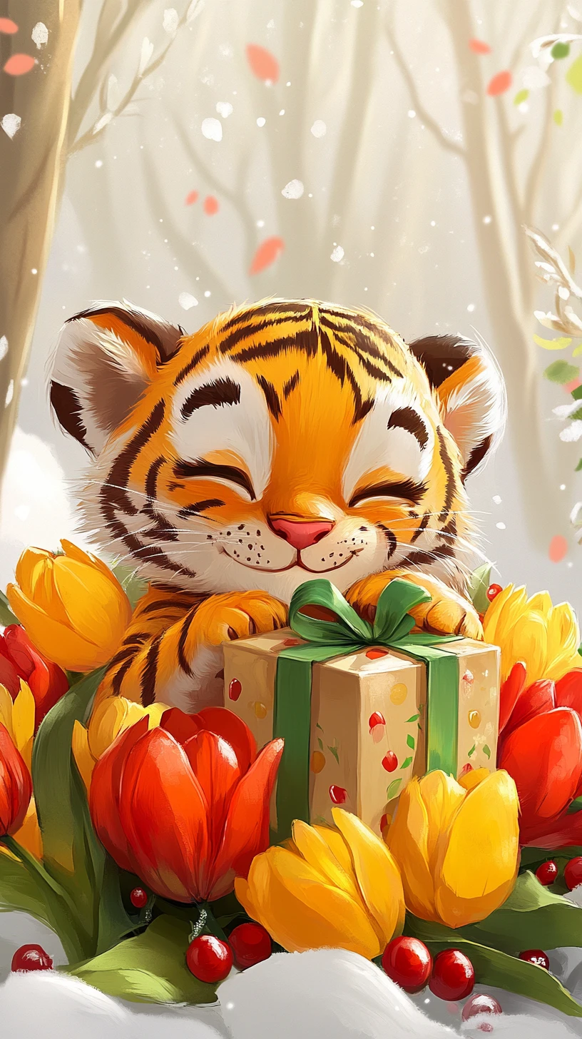 Adorable cachorro de tigre con regalo entre flores rojas y amarillas
