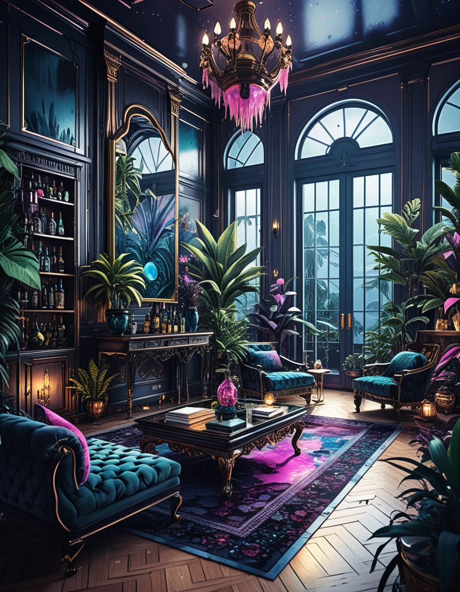 Diseño de Interior de Mansión de Lujo en Tonos Joya y Ambiente Sombrío