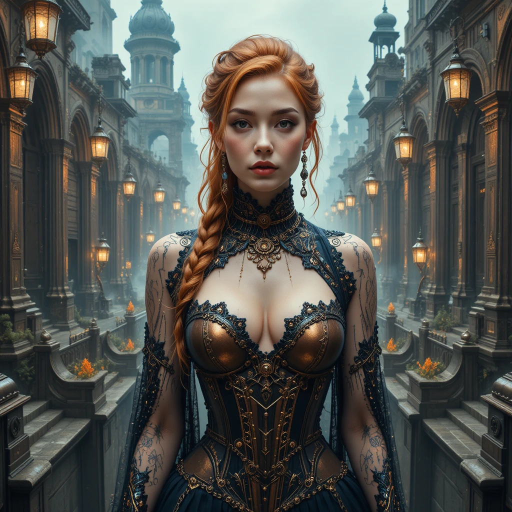 Cybernetic steampunk woman in a surreal mechanical city