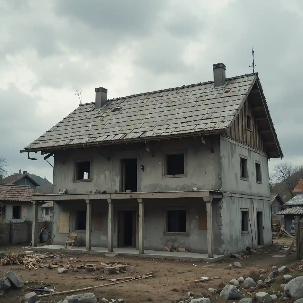 Unfertiges Dorfhaus mit rohem Betondach unter Wolken