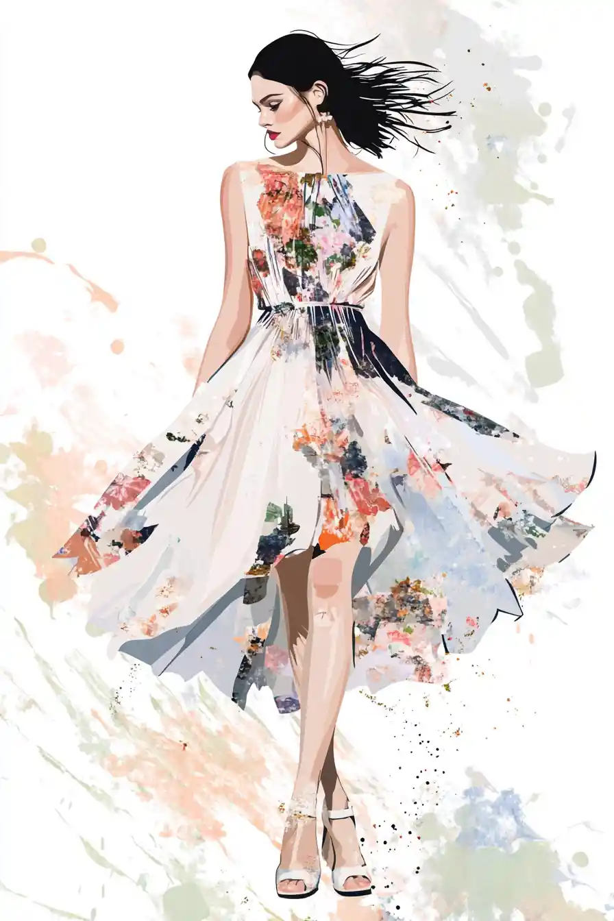 Elegant fashion illustration of model on pastel runway
