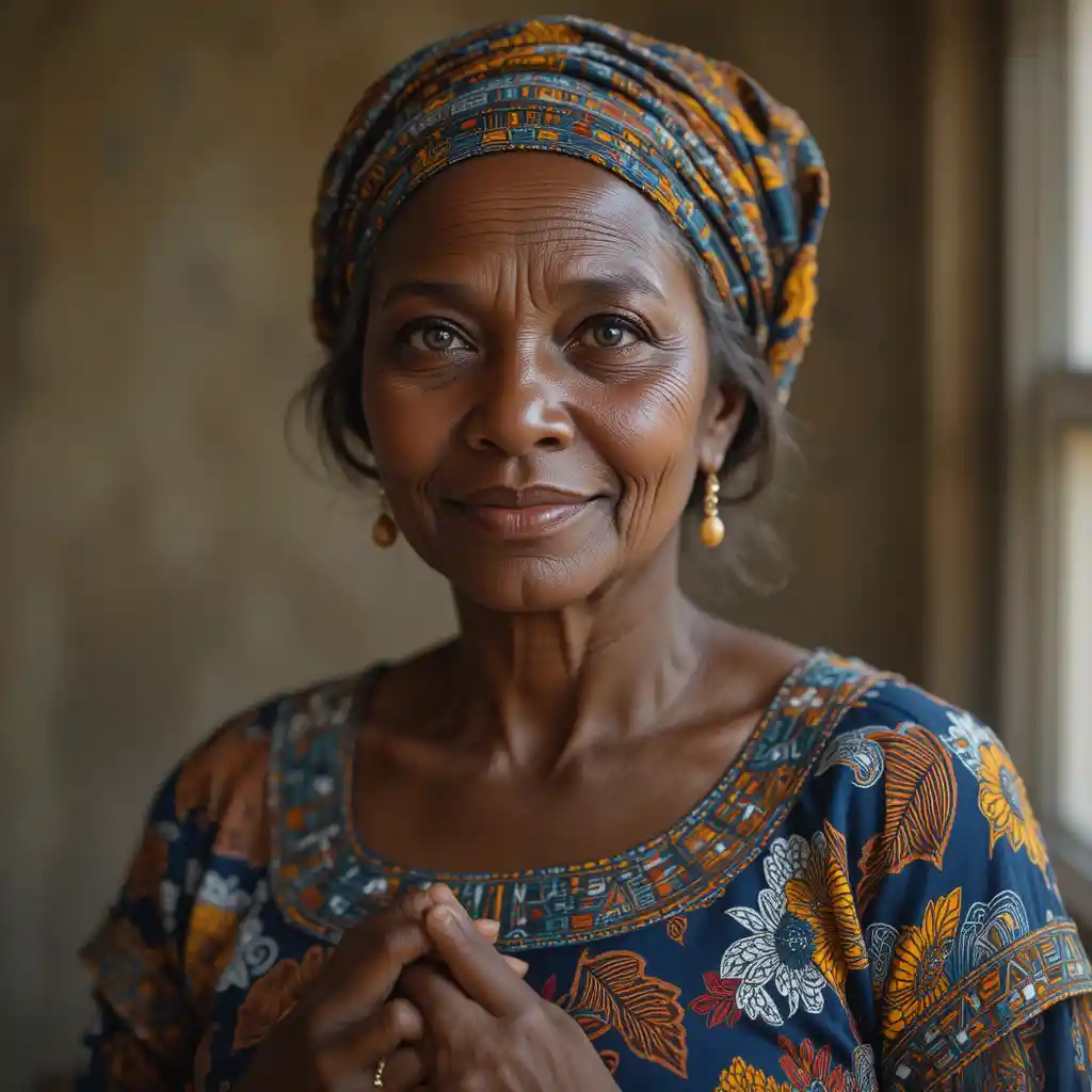 Mature Yoruba woman in Ankara wrapper near soft window light