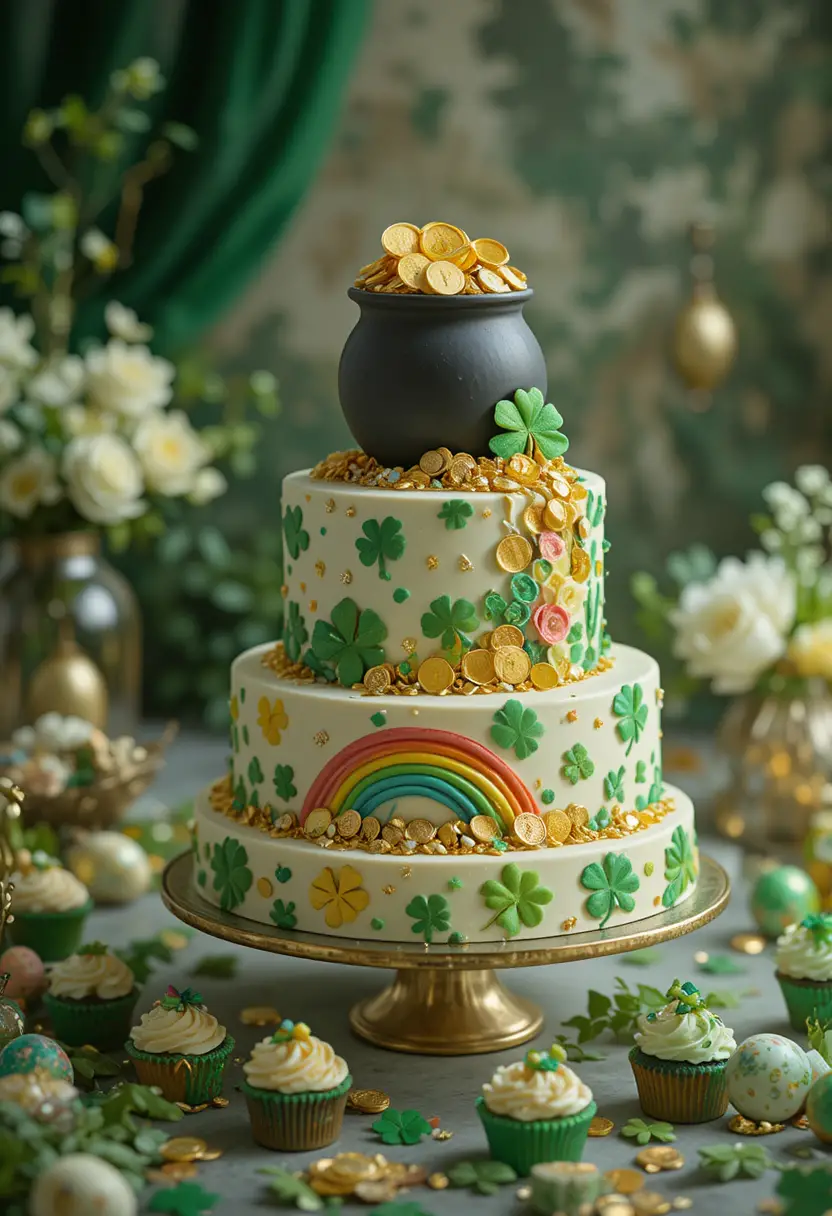 Elegant three tier saint patricks day cake with pot of gold