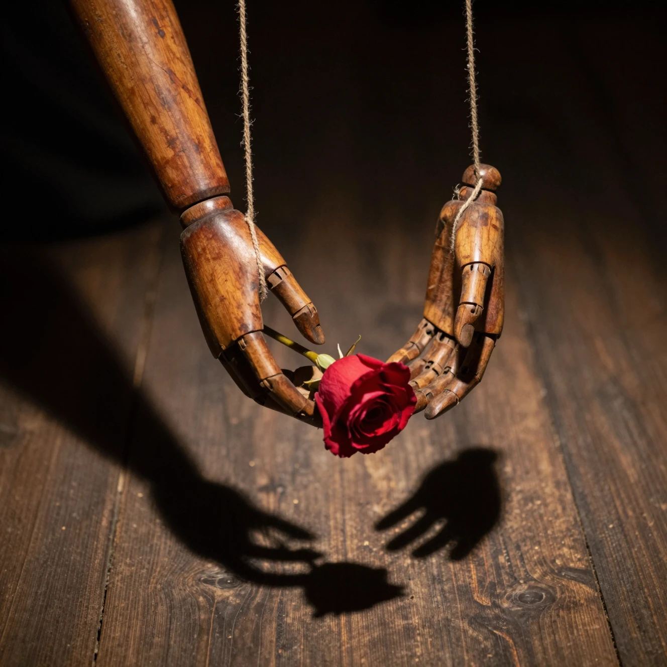 Antique Puppet Hands Offering A Single Red Rose