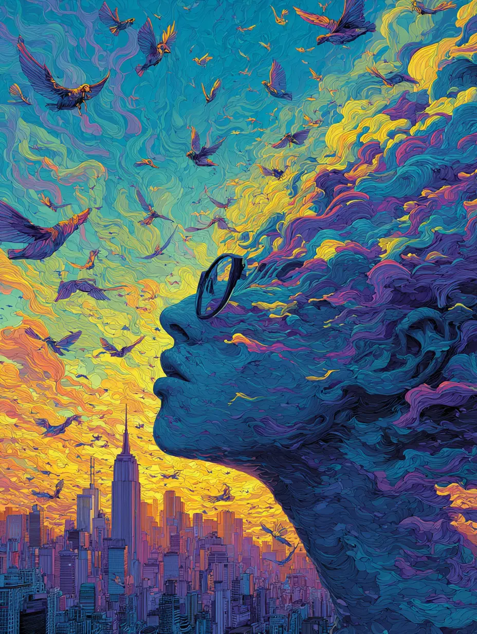 Surreal woman dissolving into clouds above a melting city