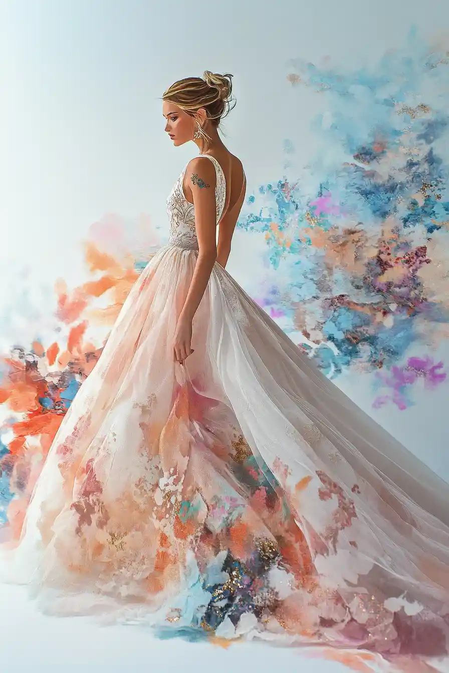 Ilustración de moda elegante de modelo en pasarela en tonos pastel