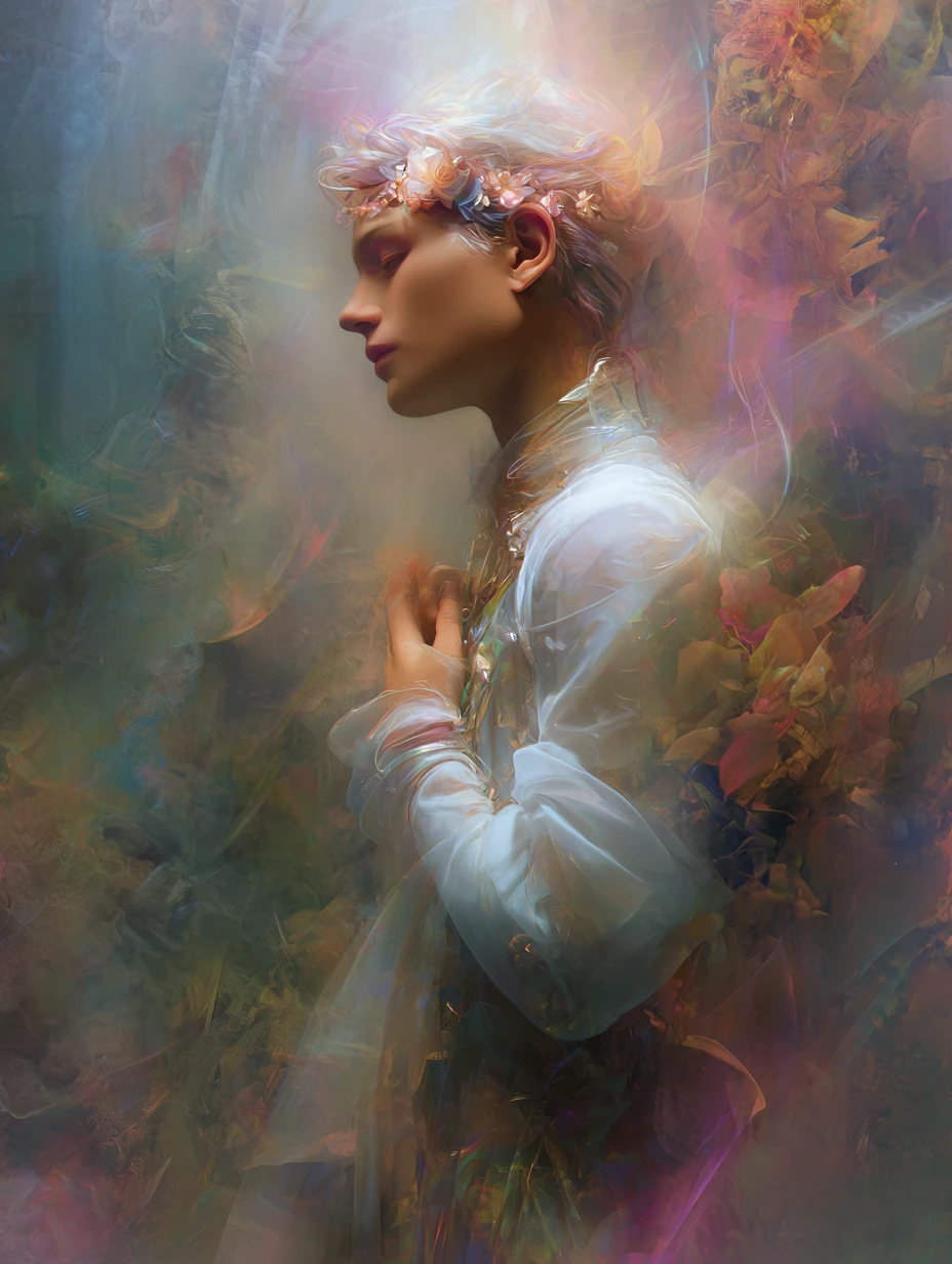 Ethereal woman in soft mist against swirling colorful background