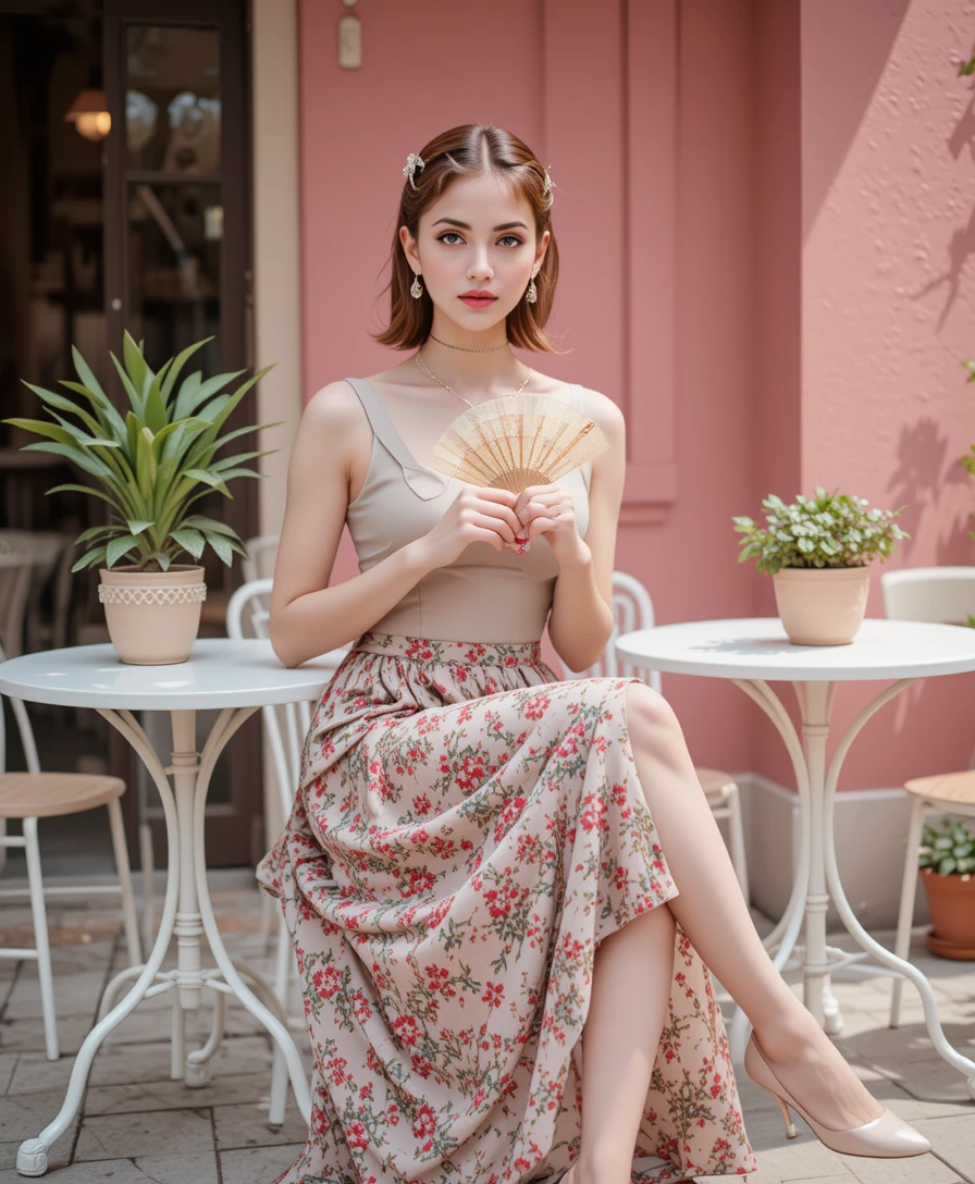 Donna elegante con ventaglio seduta sulla terrazza di un caffè chic