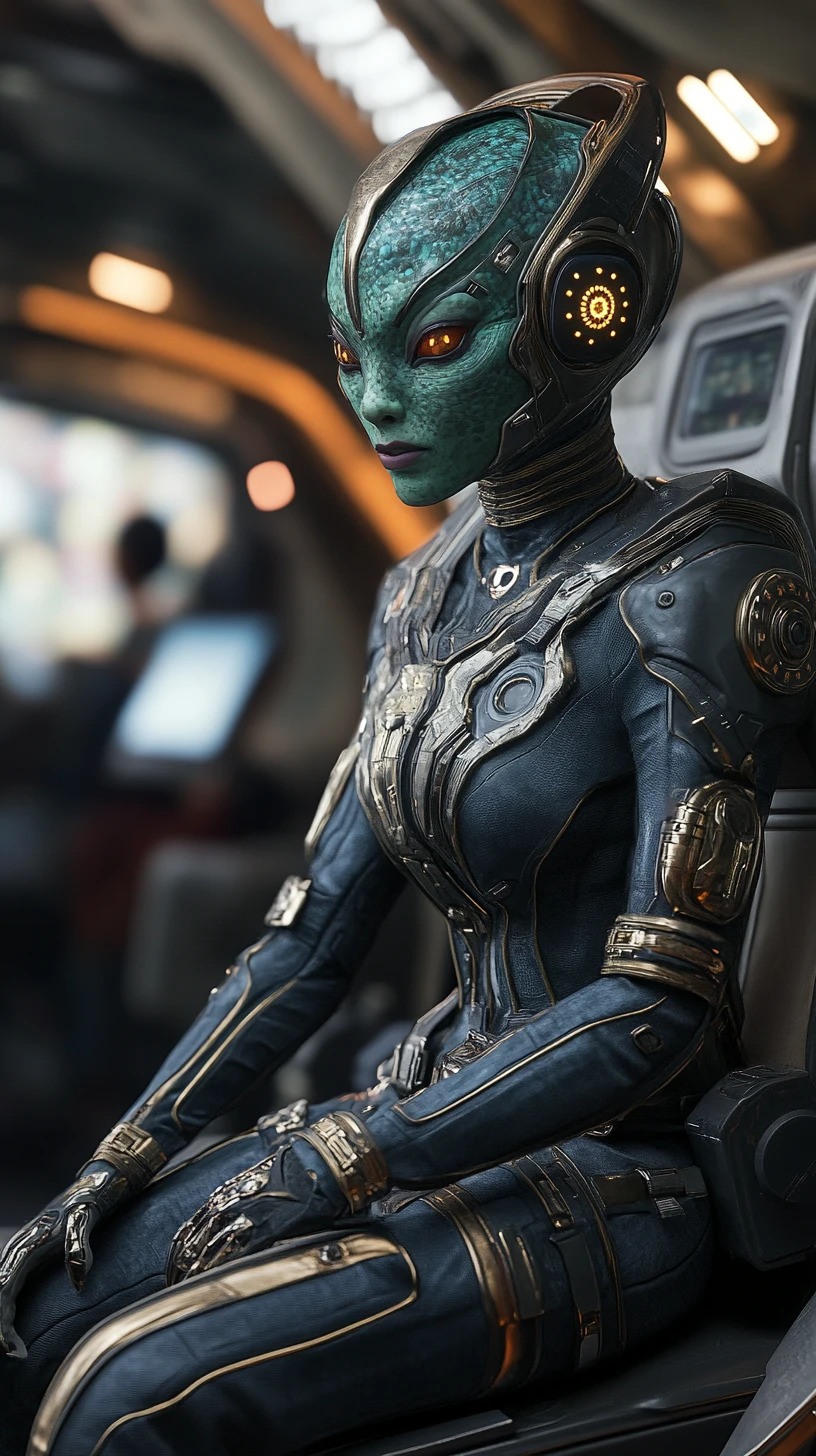 Alien woman patrolling inside futuristic starship corridor