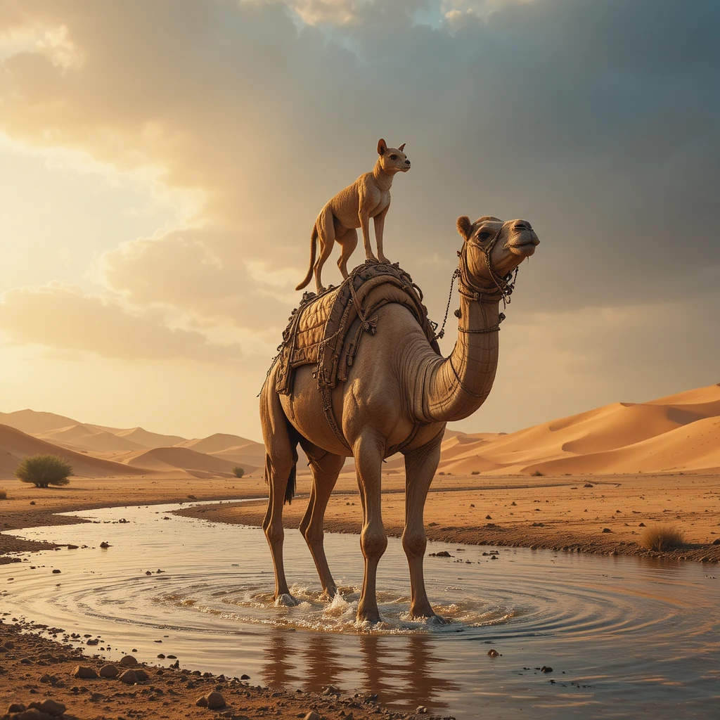 Camel Standing In Desert River At Sunset With Jackal