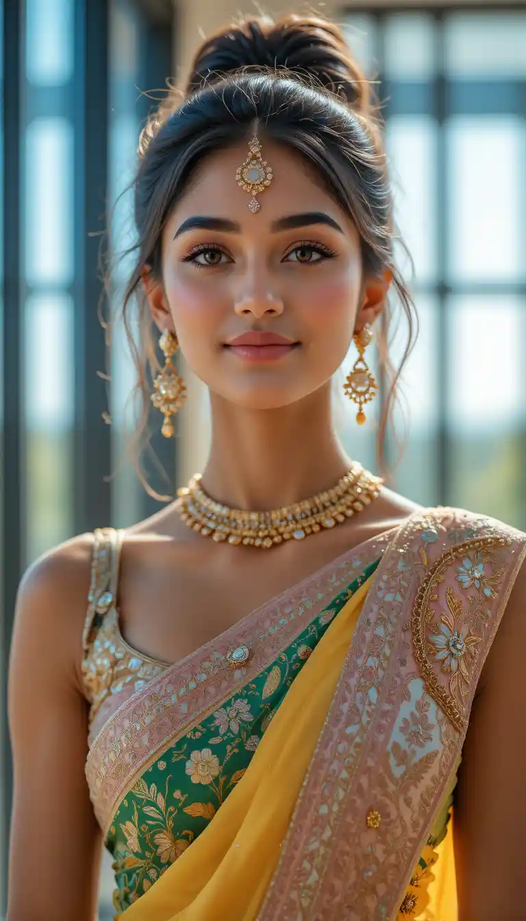 Playful Indian girl portrait in colorful studio lighting