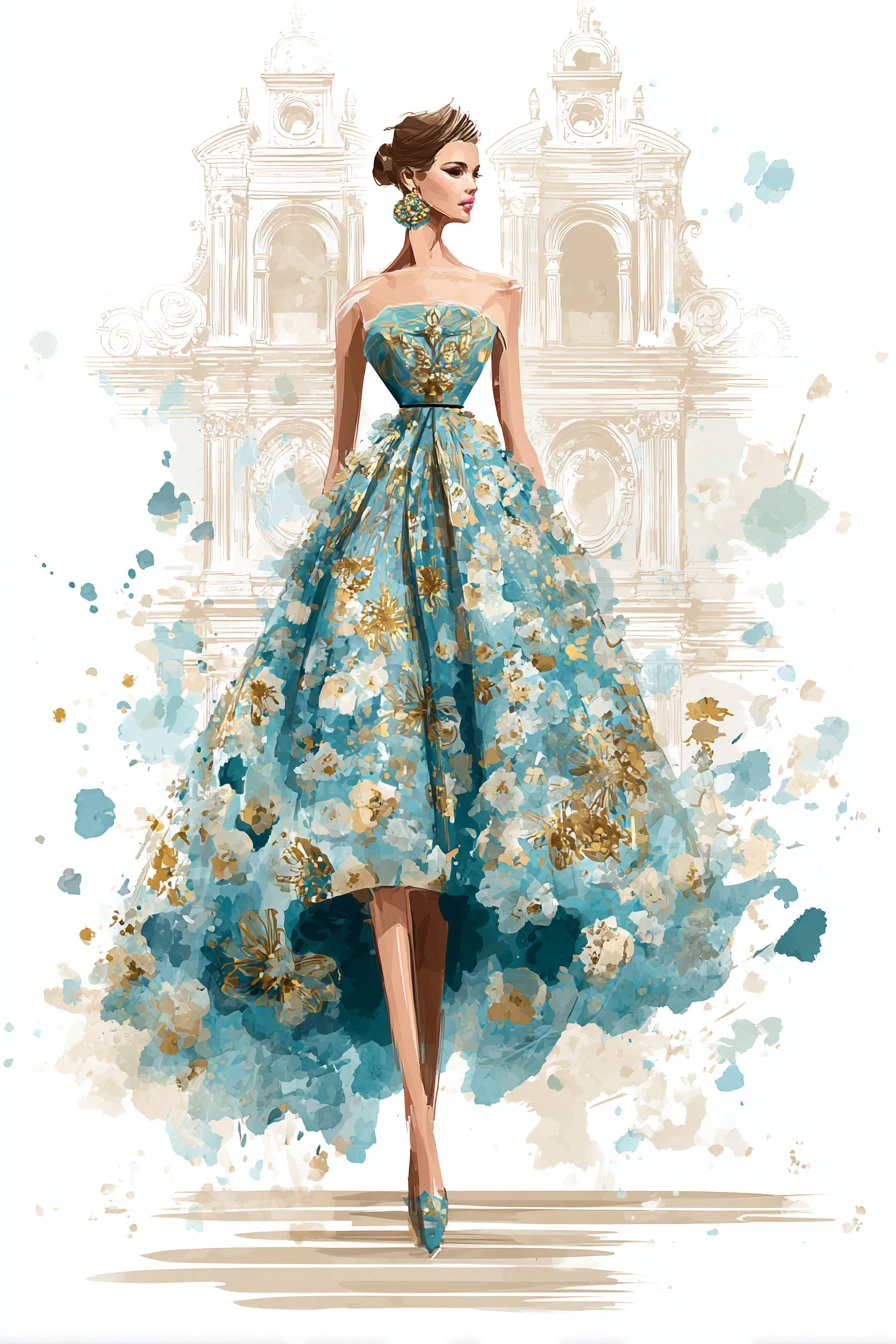 Modelo de pasarela elegante con vestido couture de pétalos en tonos pastel