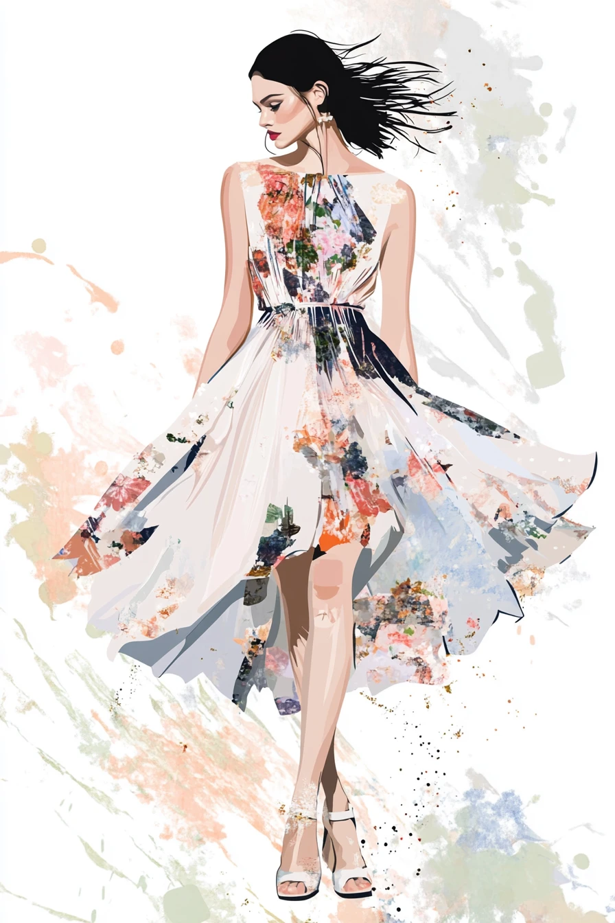 Elegant fashion illustration of model on pastel runway