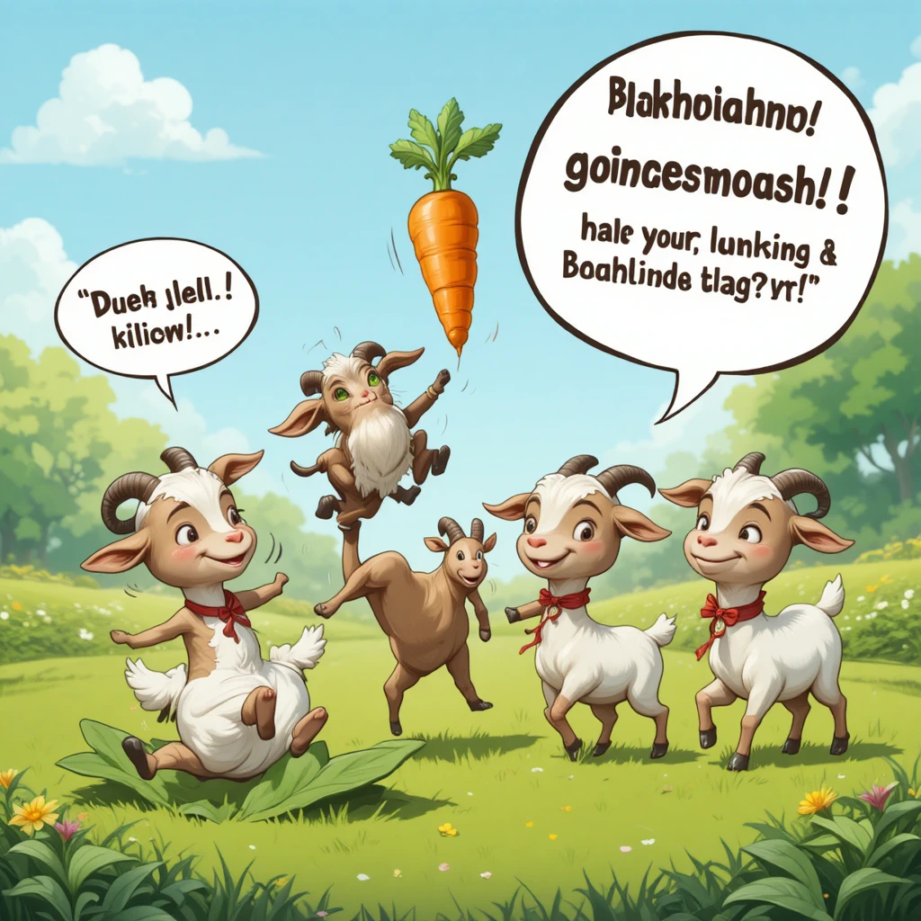 Winzige Cartoon-Ziegen, die spielerisch über grünes Gras hüpfen