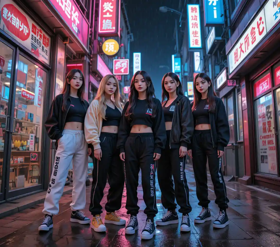 Young Korean girl in Y2K streetwear on Seoul night street