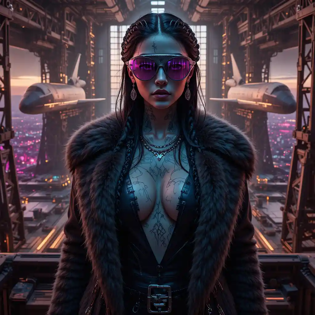 Cyber noir femme fatale in a stratospheric launch hangar