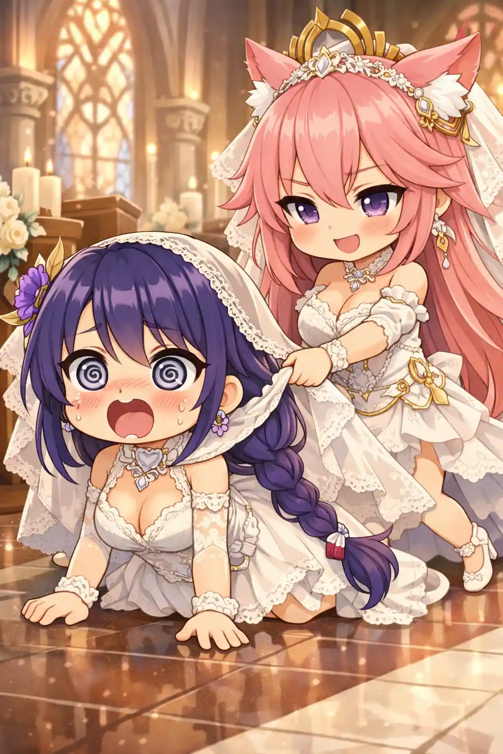 Novias chibi en un dramático enfrentamiento en una iglesia de anime