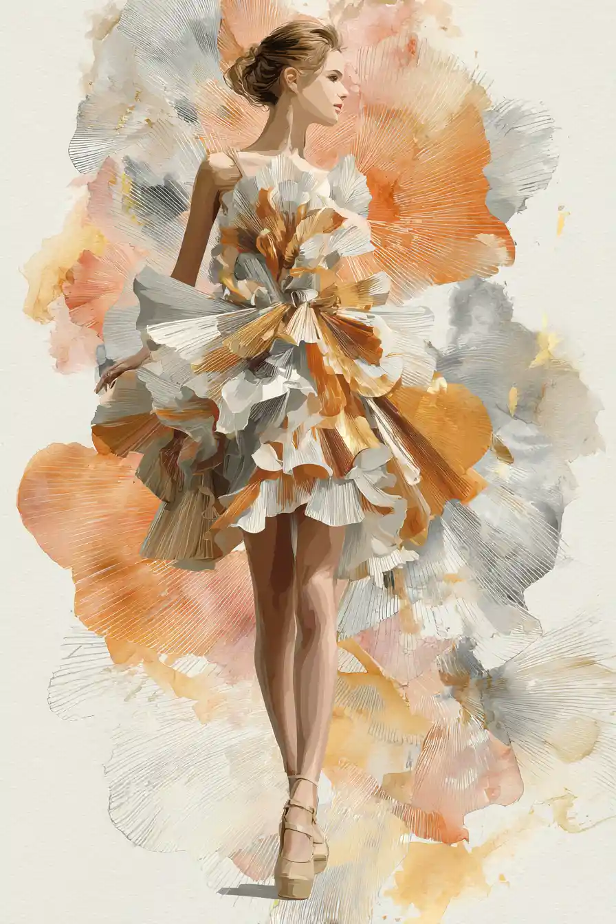 Elegante illustrazione di moda con modella su passerella pastello