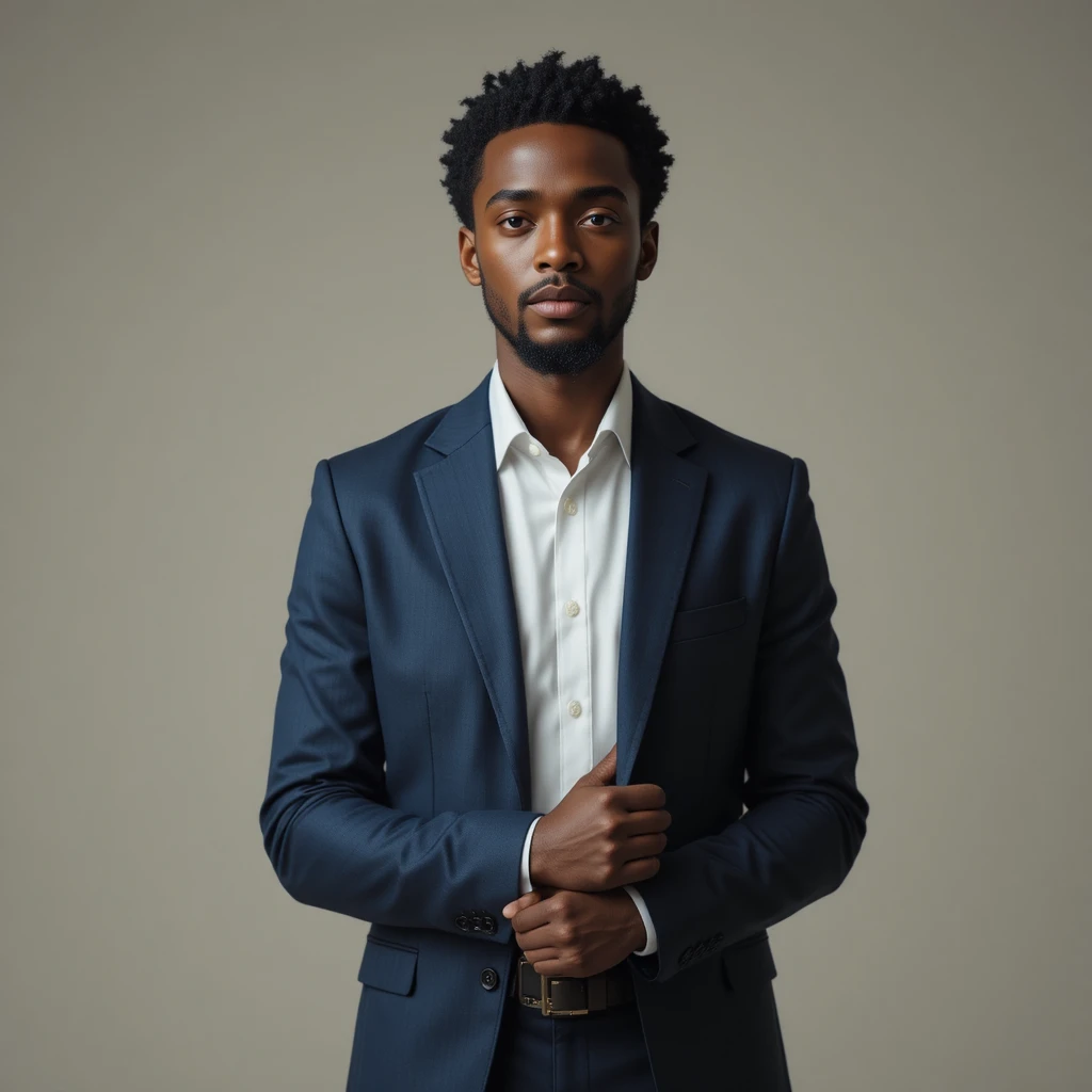 Determined young Nigerian man in a navy suit portrait