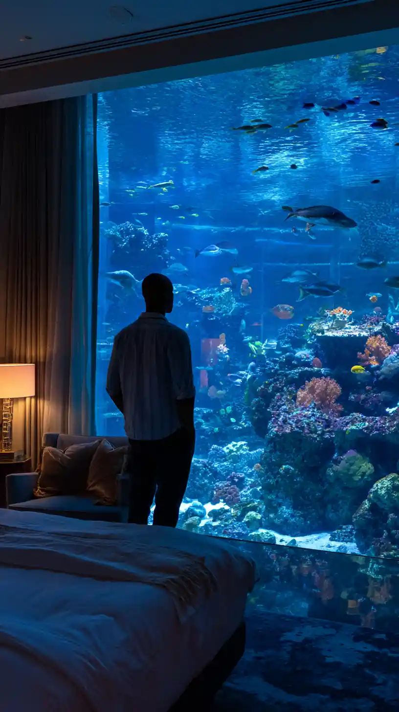 Homme Regardant un Aquarium Géant de Récif Corallien la Nuit