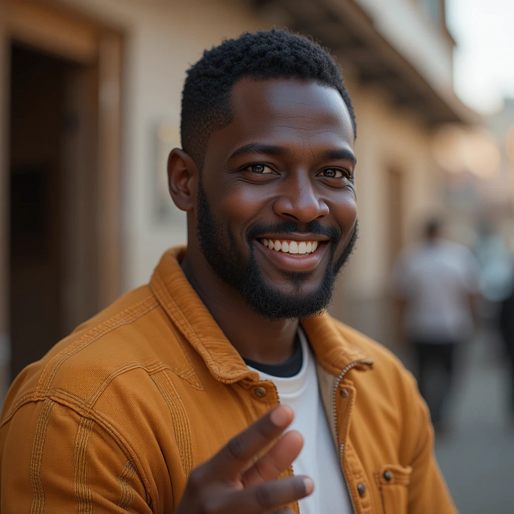 Uomo nigeriano premuroso in ritratto urbano casual