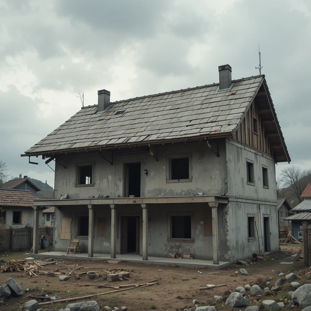Unfertiges Dorfhaus mit rohem Betondach unter Wolken